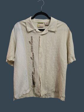 Cubavera Mens Large Beige White Linen Blend Embroidered Guayabera Shirt